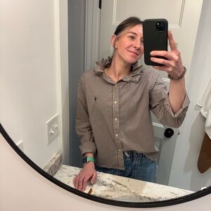 Polo Ralph Lauren Brown Gingham Ruffle Collar upcycled Button-Up